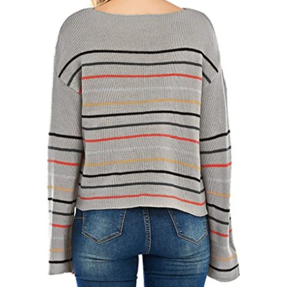 NWT Striped Knit Bell Sleeve Slouchy Sweater Top - Picture 3 of 6